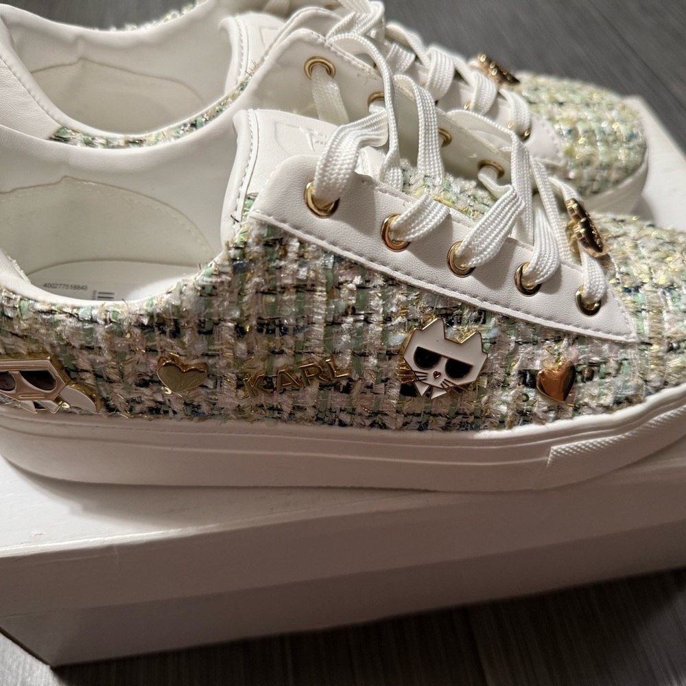 Karl Lagerfeld White and Green Sneakers with Textured Design